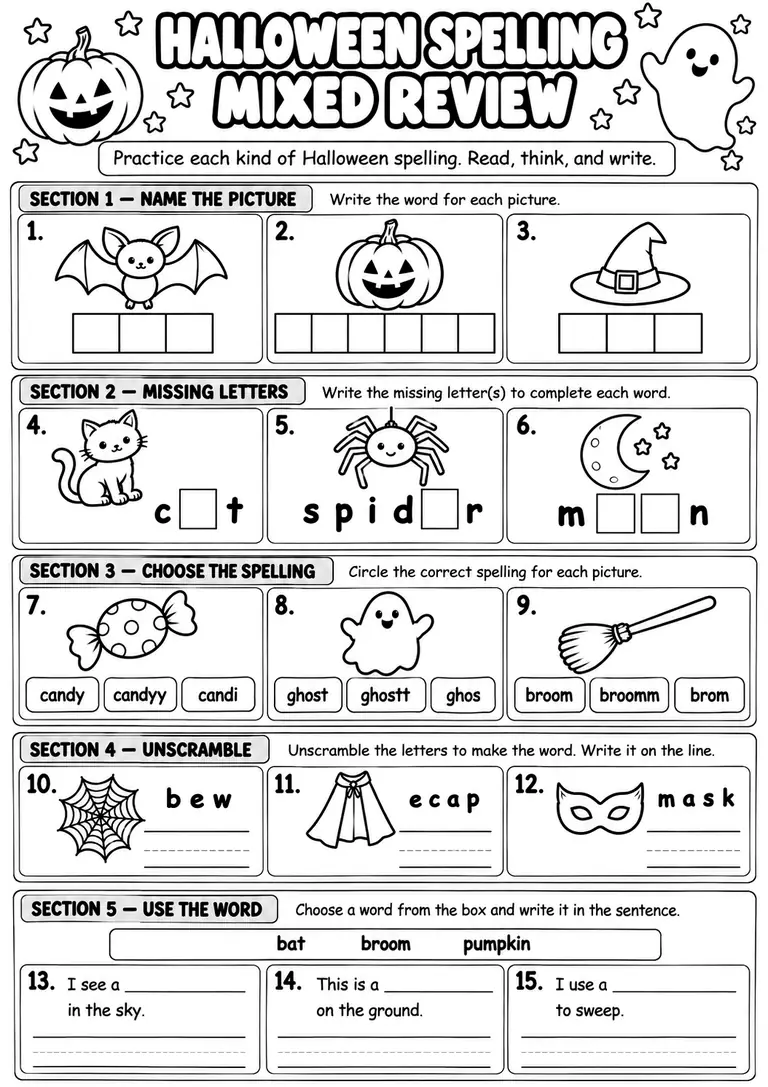 Halloween Spelling Mixed Review for Kindergarten, 1st Grade