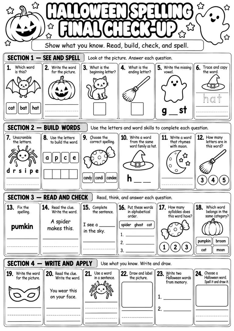 Halloween Spelling Final Check-Up for Kindergarten, 1st Grade
