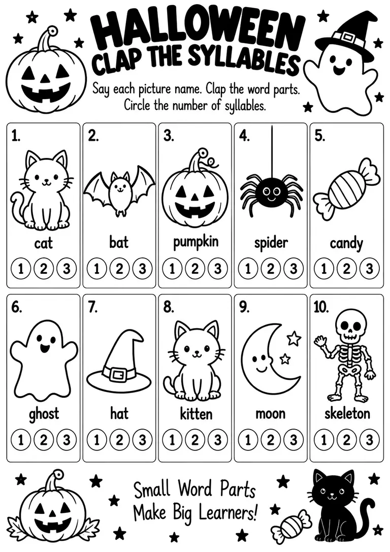 Halloween Clap the Syllables for Kindergarten, 1st Grade