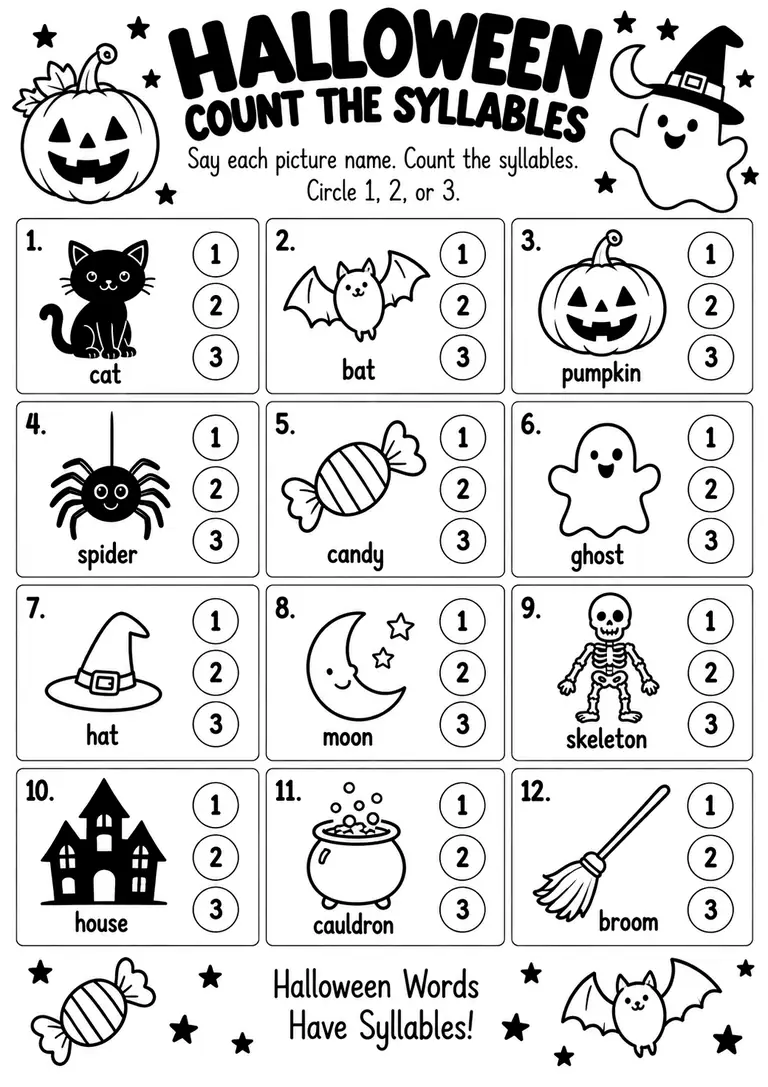 Halloween Count the Syllables WORKSHEET for Kindergarten, 1st Grade