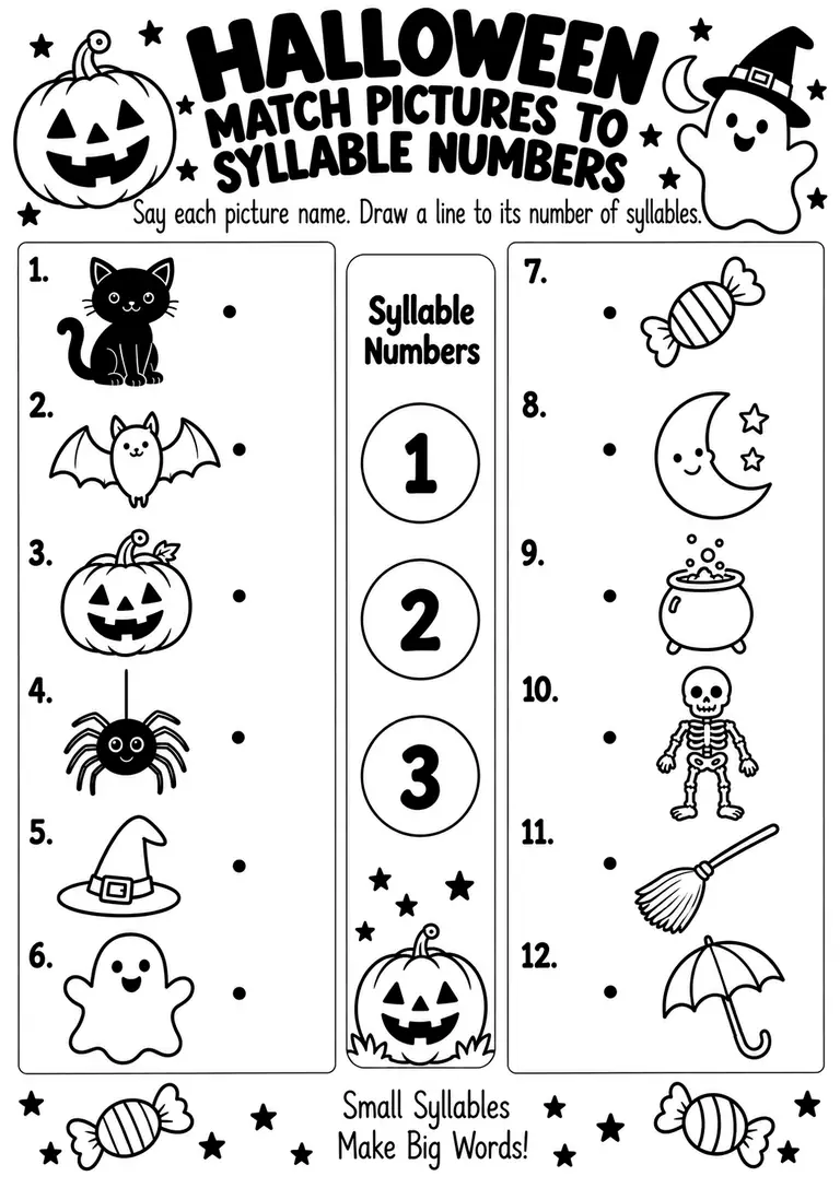 Halloween Match Pictures to Syllable Numbers for Kindergarten, 1st Grade
