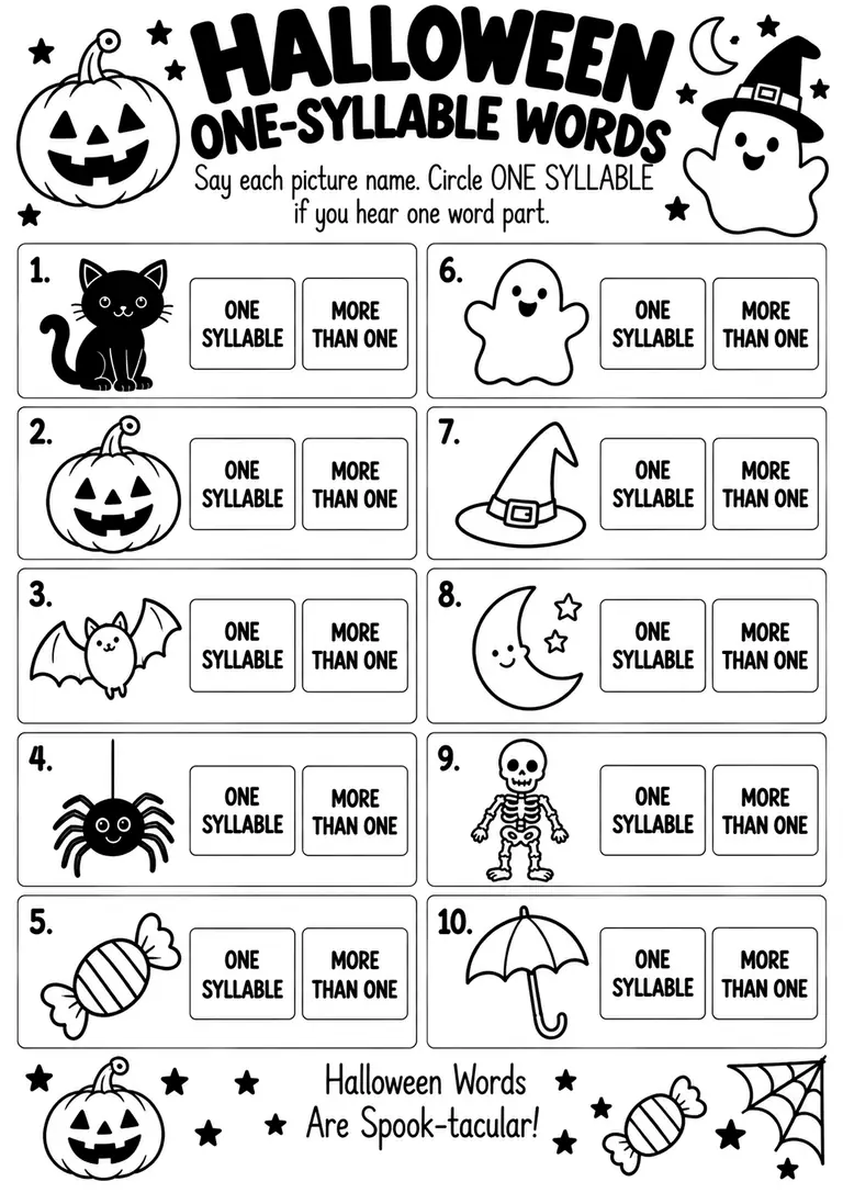Halloween One-Syllable Words for Kindergarten, 1st Grade