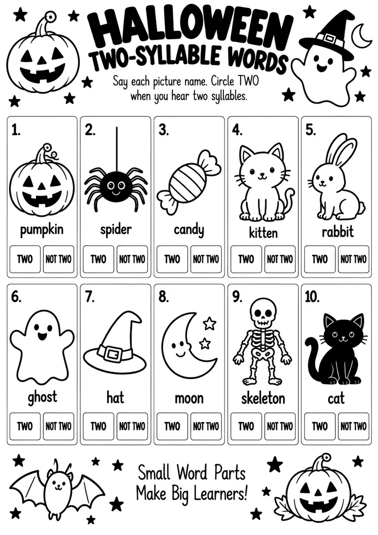 Halloween Two-Syllable Words for Kindergarten, 1st Grade