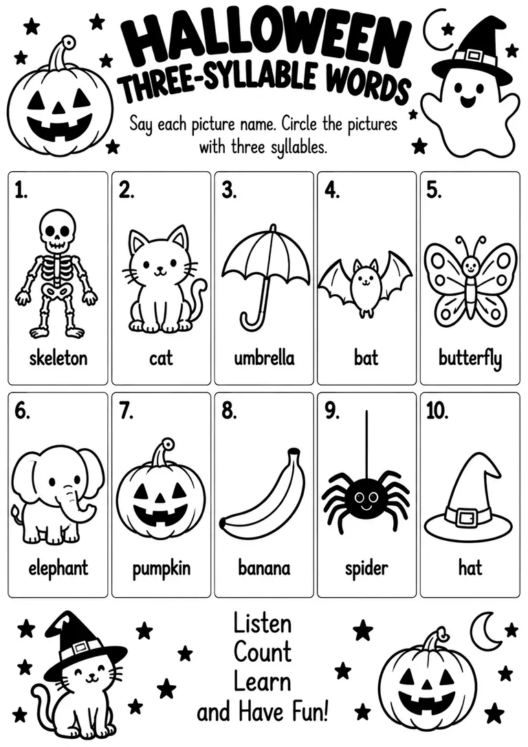 Halloween Three-Syllable Words for Kindergarten, 1st Grade