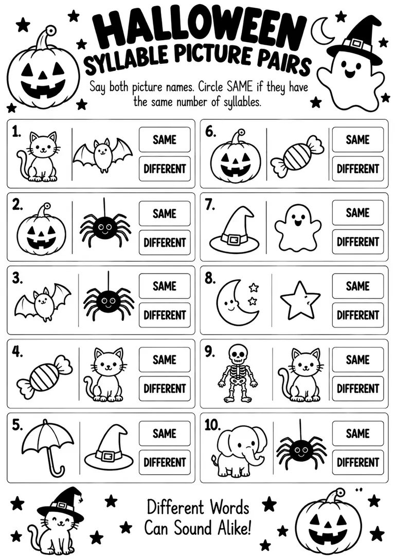 Halloween Syllable Picture Pairs for Kindergarten, 1st Grade