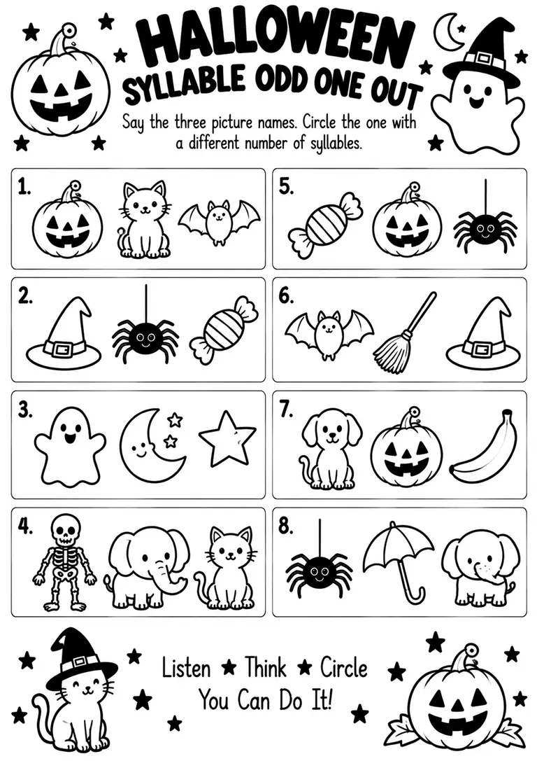 Halloween Syllable Odd One Out for Kindergarten, 1st Grade