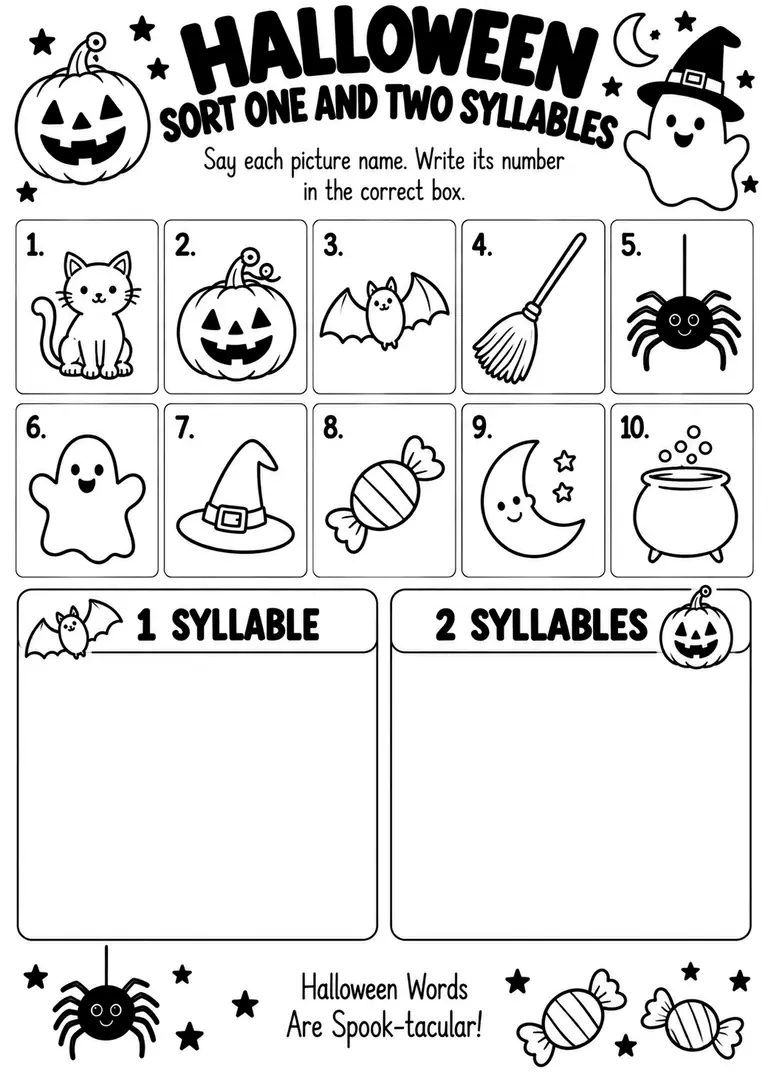 Halloween Sort One and Two Syllables for Kindergarten, 1st Grade