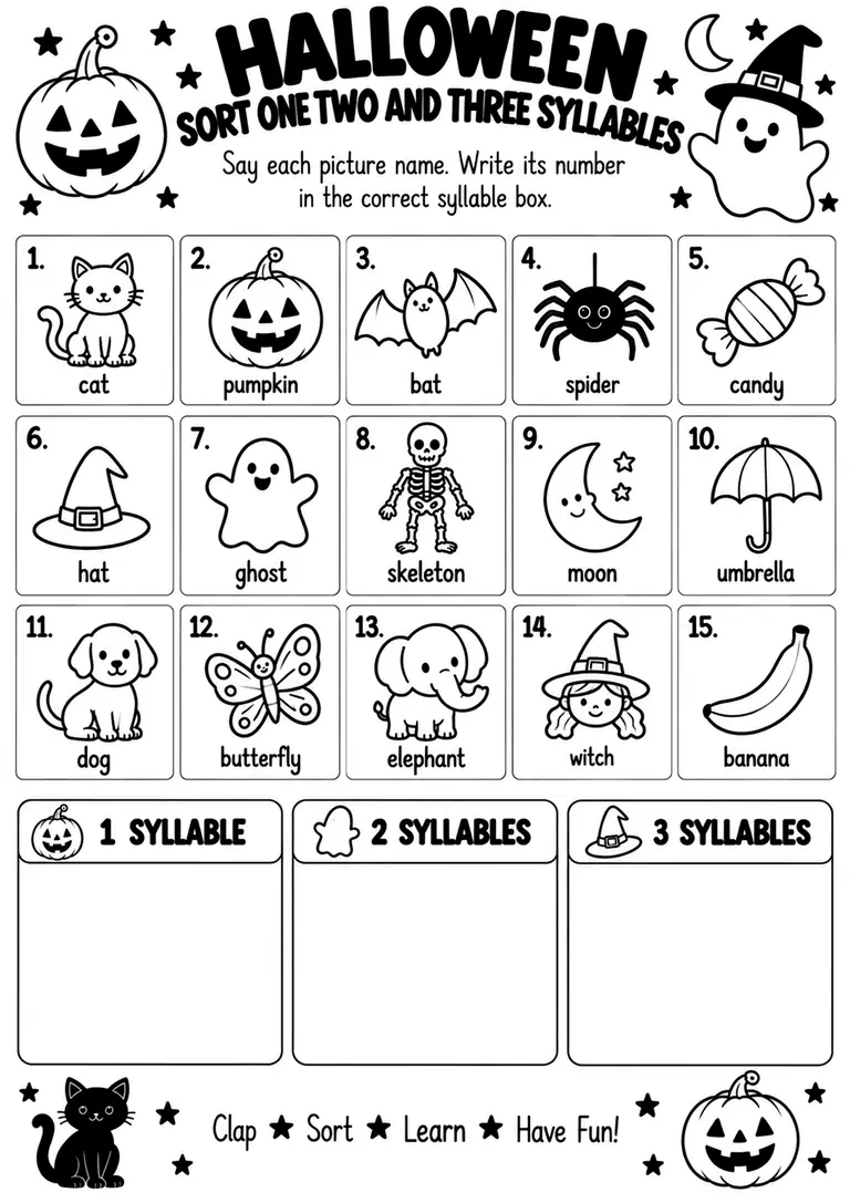 Halloween Sort One Two and Three Syllables for Kindergarten, 1st Grade