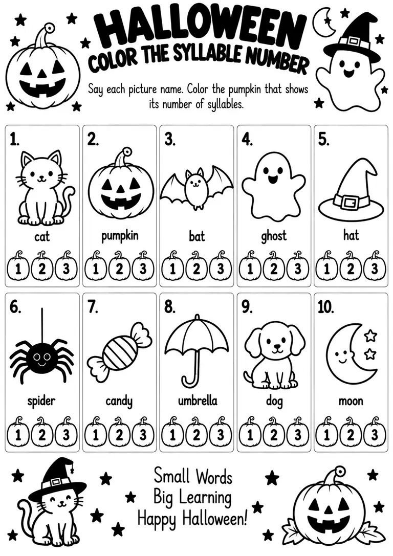 Halloween Color the Syllable Number for Kindergarten, 1st Grade