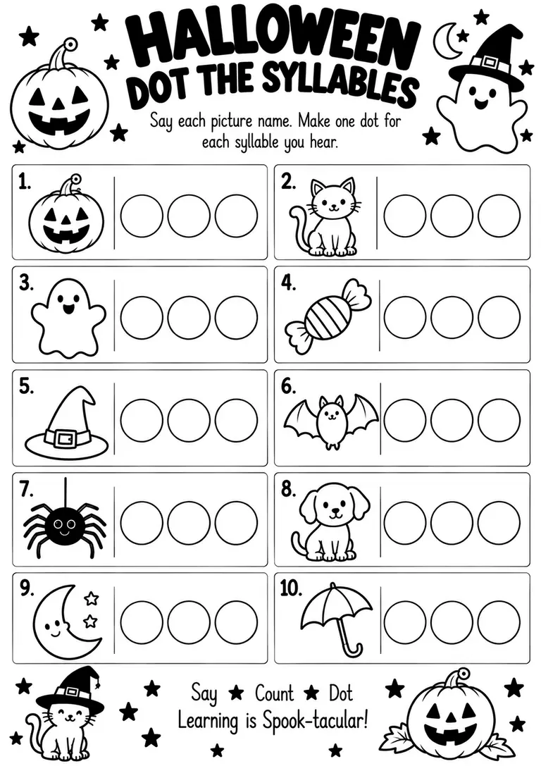 Halloween Dot the Syllables for Kindergarten, 1st Grade