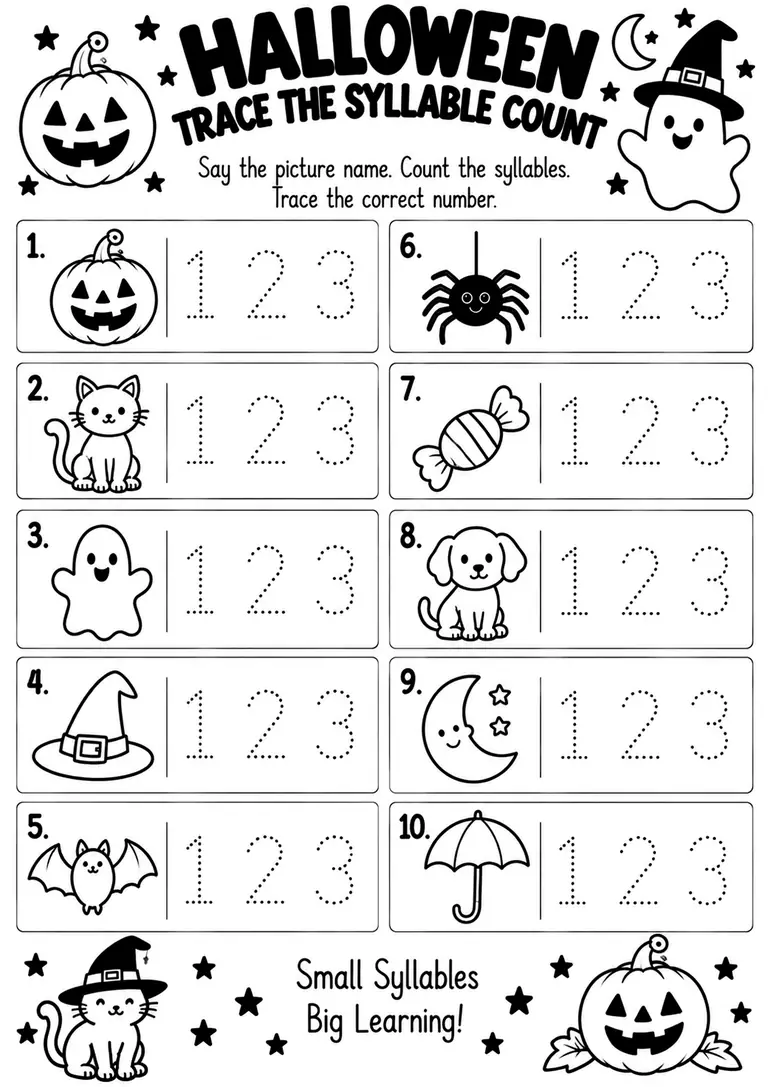 Halloween Trace the Syllable Count for Kindergarten, 1st Grade