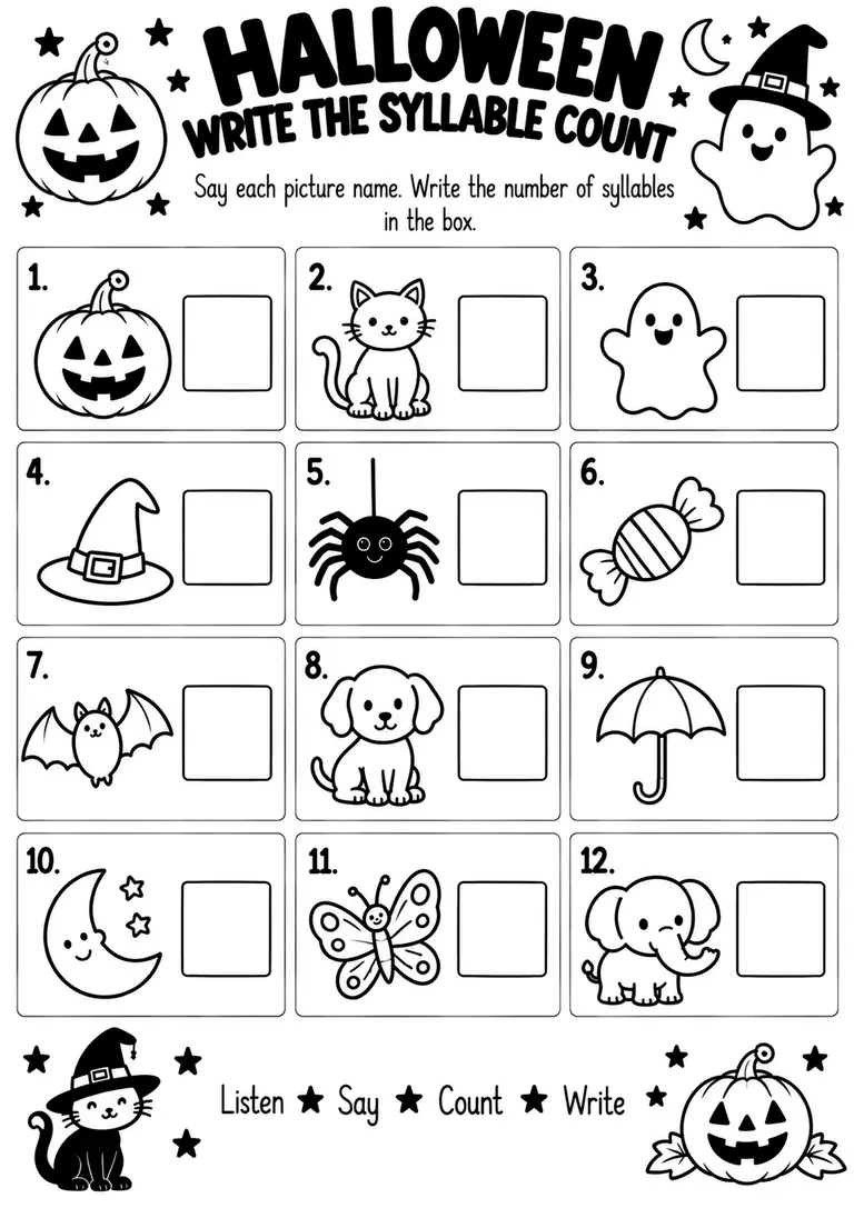 Halloween Write the Syllable Count for Kindergarten, 1st Grade