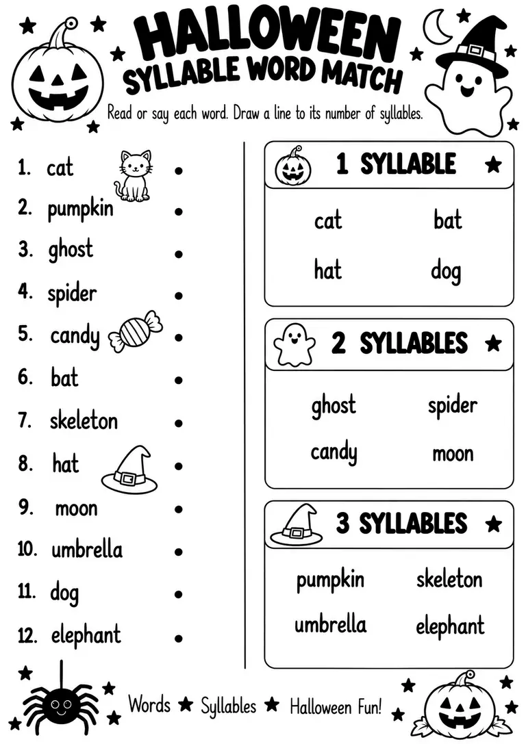 Halloween Syllable Word Match for Kindergarten, 1st Grade
