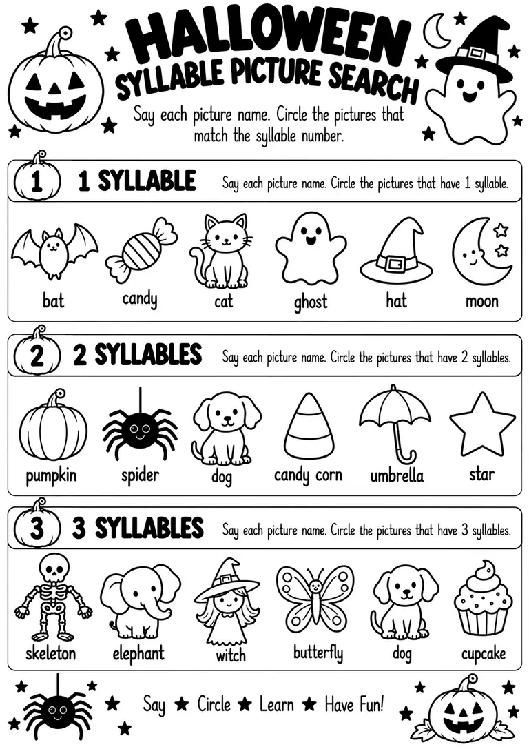Halloween Syllable Picture Search for Kindergarten, 1st Grade