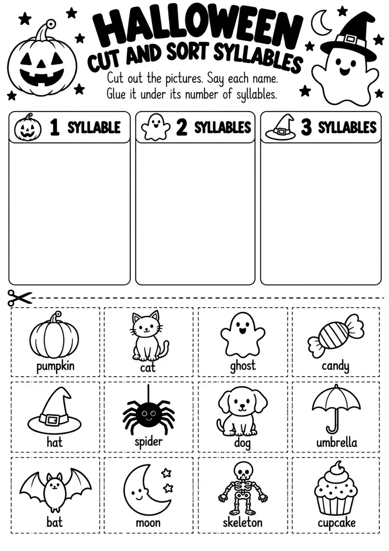 Halloween Cut and Sort Syllables for Kindergarten, 1st Grade