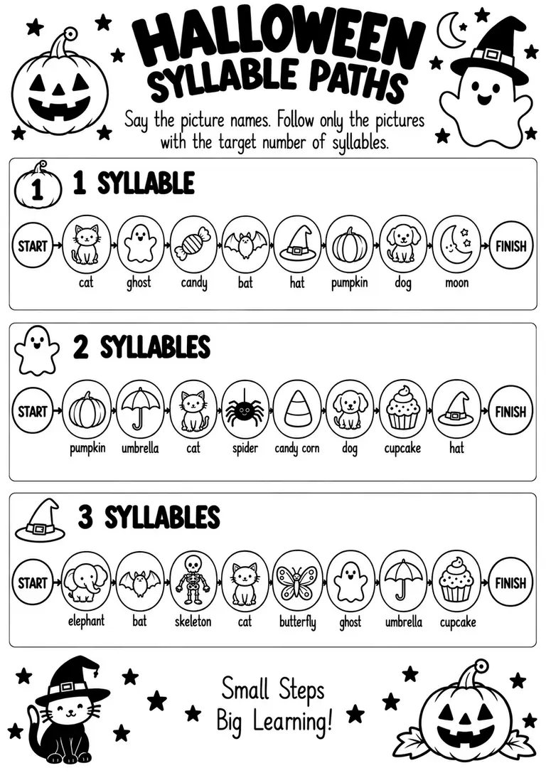 Halloween Syllable Paths for Kindergarten, 1st Grade
