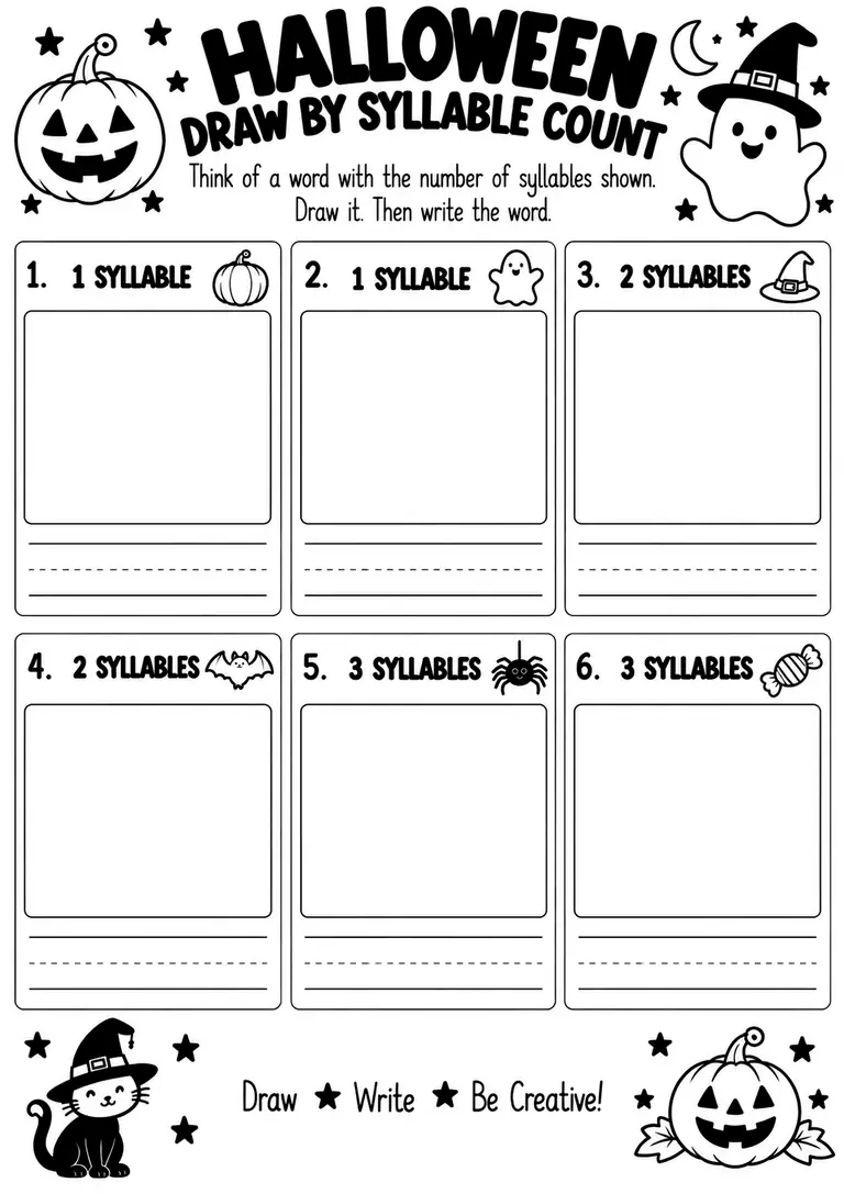 Halloween Draw by Syllable Count for Kindergarten, 1st Grade