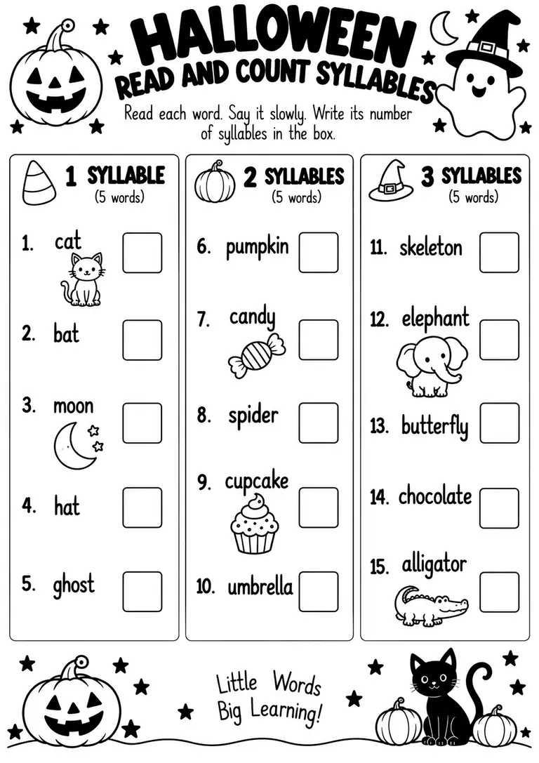 Halloween Read and Count Syllables for Kindergarten, 1st Grade