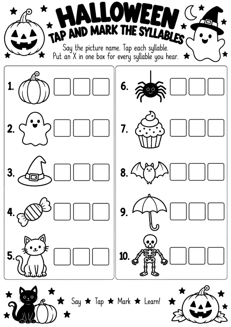 Halloween Tap and Mark the Syllables for Kindergarten, 1st Grade