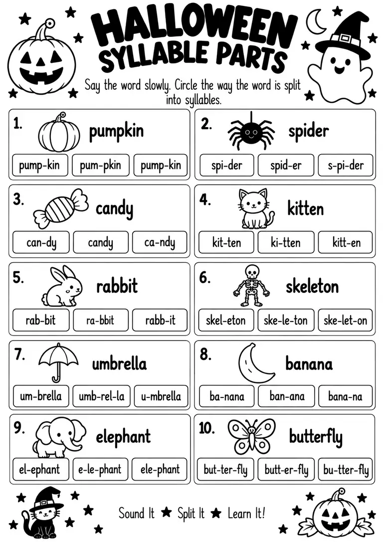 Halloween Syllable Parts for Kindergarten, 1st Grade