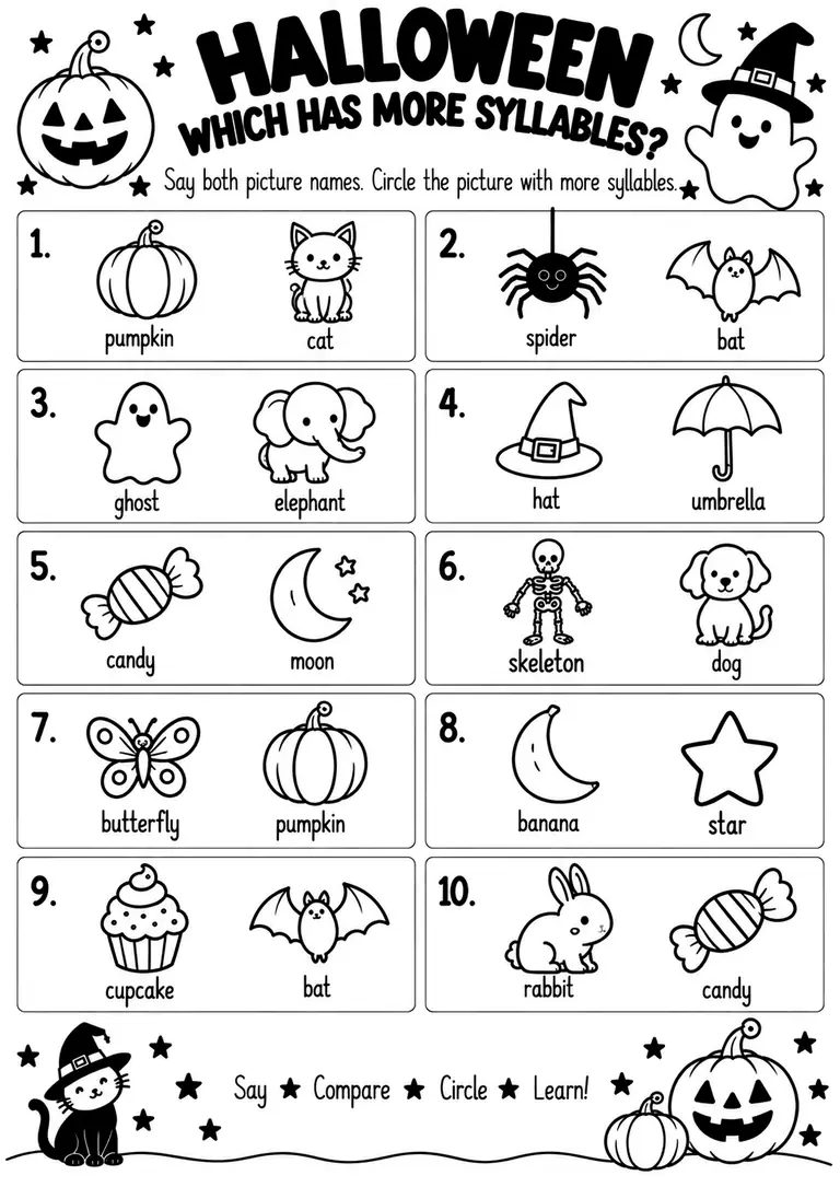 Halloween Which Has More Syllables for Kindergarten, 1st Grade