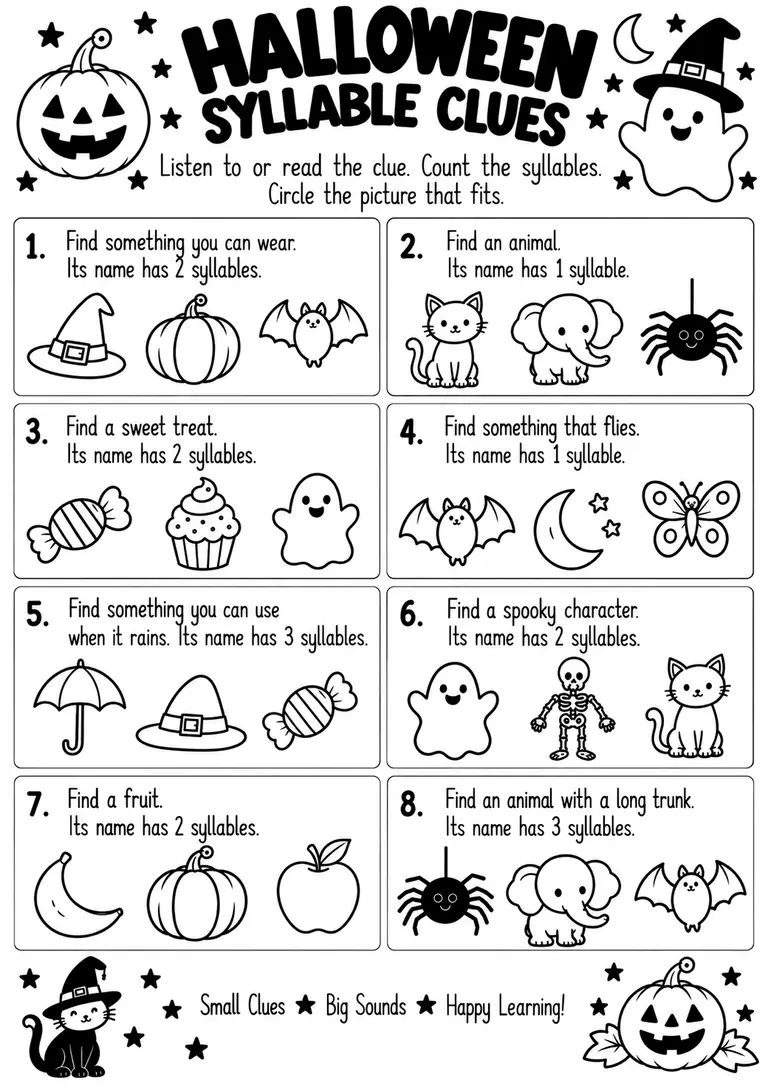 Halloween Syllable Clues for Kindergarten, 1st Grade
