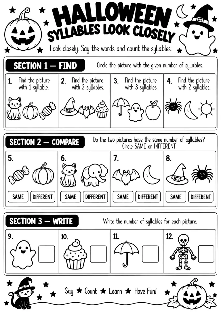 Halloween Syllables Look Closely for Kindergarten, 1st Grade