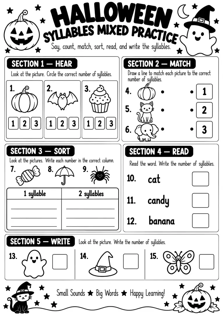 Halloween Syllables Mixed Practice for Kindergarten, 1st Grade
