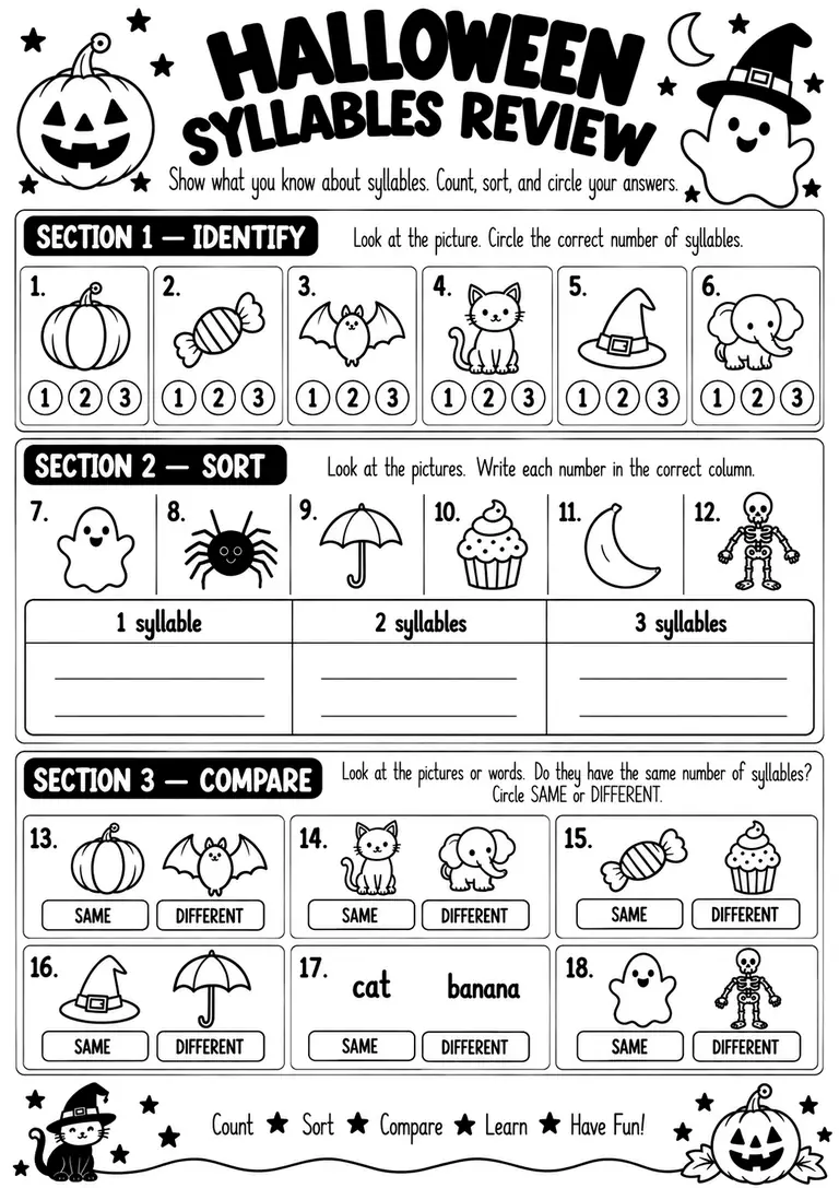 Halloween Syllables Review for Kindergarten, 1st Grade
