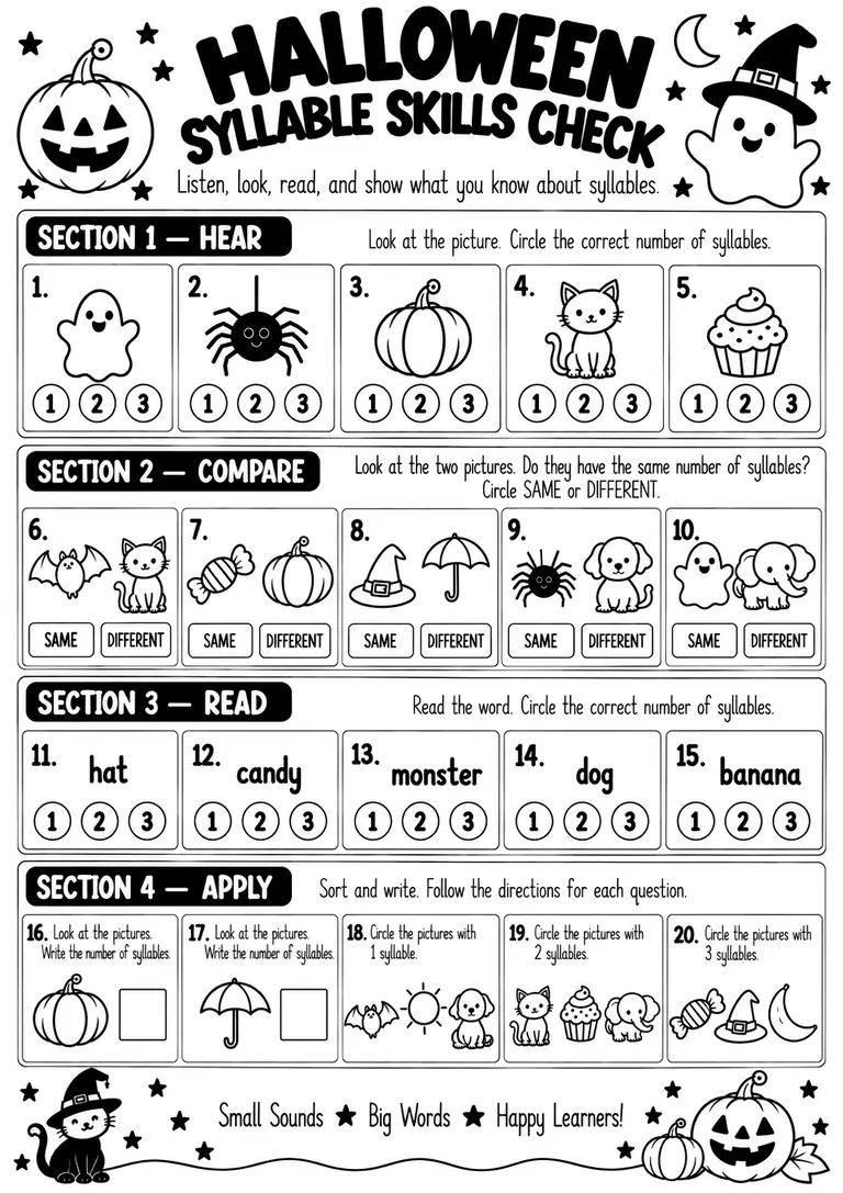 Halloween Syllable Skills Check for Kindergarten, 1st Grade