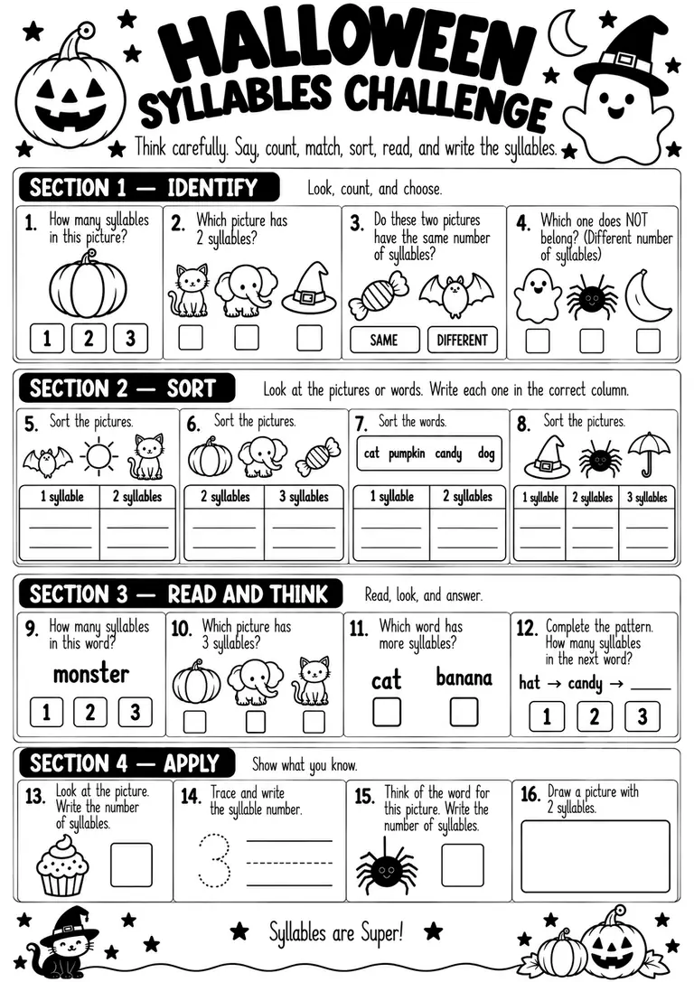 Halloween Syllables Challenge for Kindergarten, 1st Grade