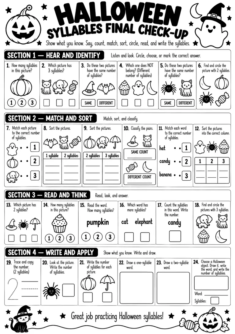 Halloween Syllables Final Check-Up for Kindergarten, 1st Grade