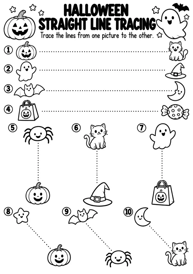 Halloween Straight Line Tracing for Preschool, Kindergarten, 1st Grade