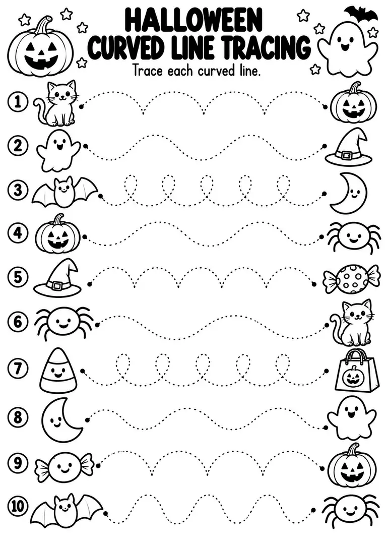 Halloween Curved Line Tracing for Preschool, Kindergarten, 1st Grade