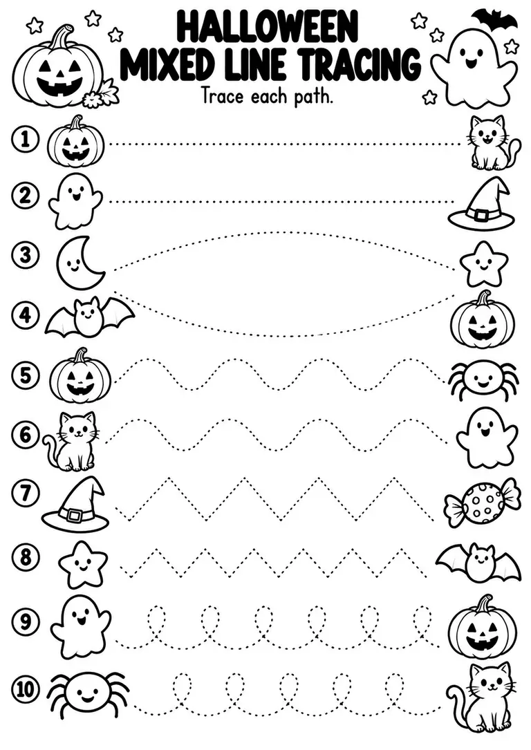 Halloween Mixed Line Tracing for Preschool, Kindergarten, 1st Grade