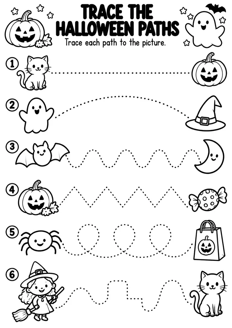 Trace the Halloween Paths for Preschool, Kindergarten, 1st Grade