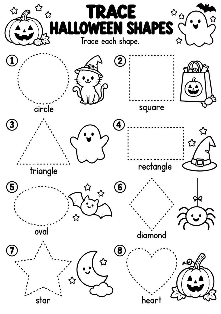 Trace Halloween Shapes for Preschool, Kindergarten, 1st Grade