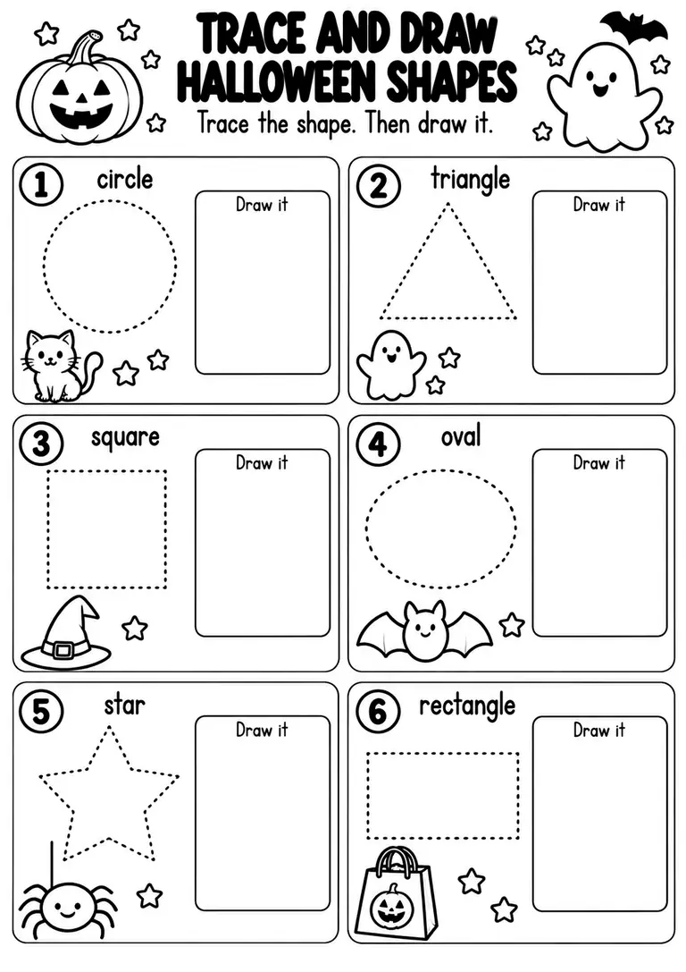 Trace and Draw Halloween Shapes for Preschool, Kindergarten, 1st Grade