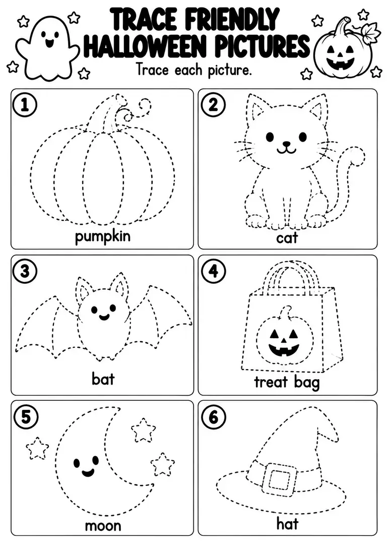 Trace Friendly Halloween Pictures for Preschool, Kindergarten, 1st Grade