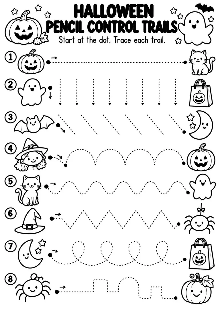 Halloween Pencil Control Trails for Preschool, Kindergarten, 1st Grade