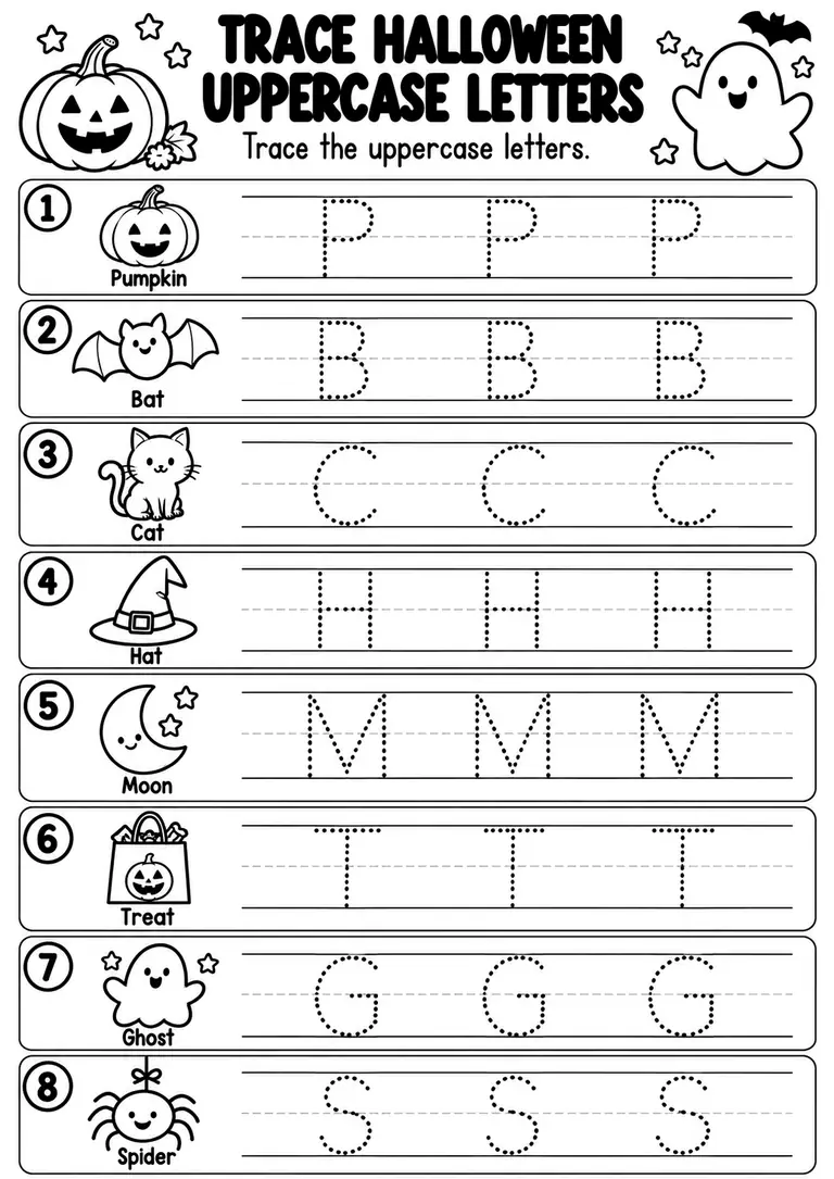 Trace Halloween Uppercase Letters for Preschool, Kindergarten, 1st Grade