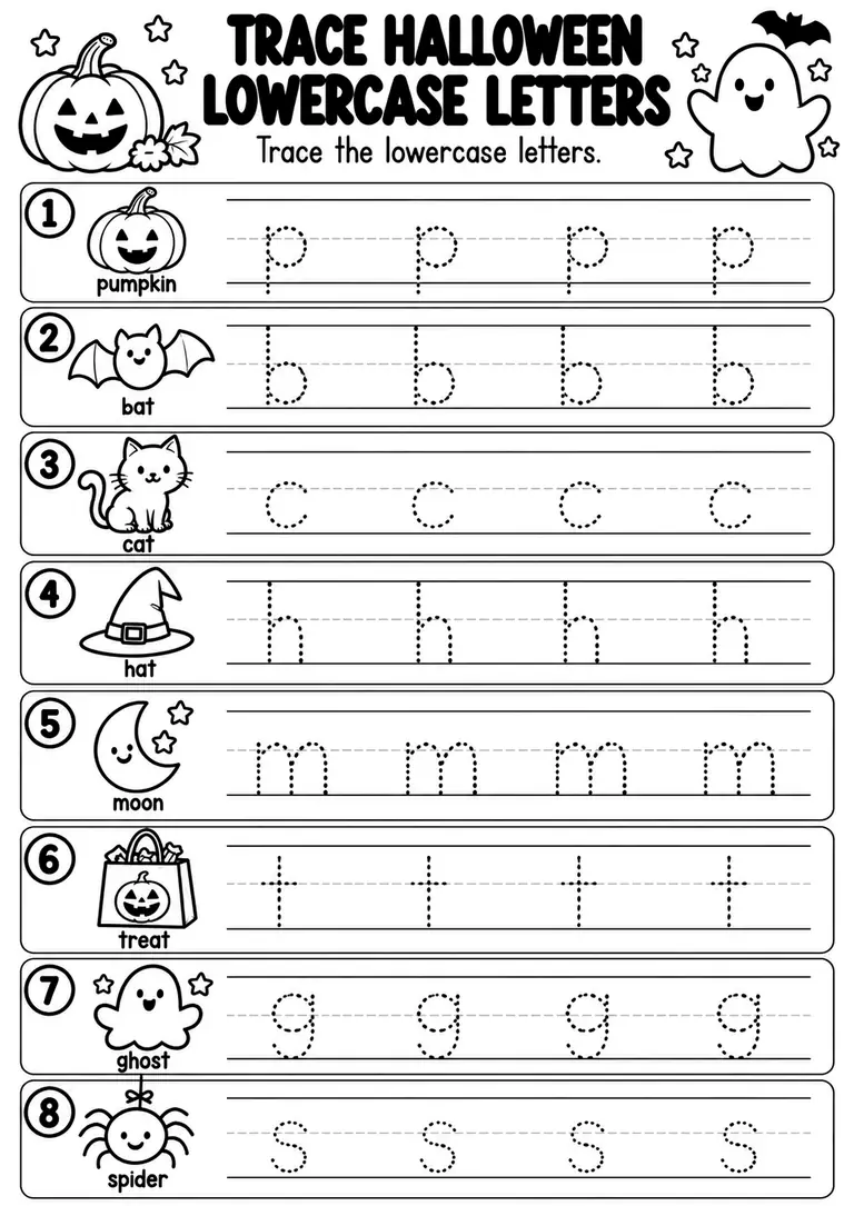 Trace Halloween Lowercase Letters for Preschool, Kindergarten, 1st Grade