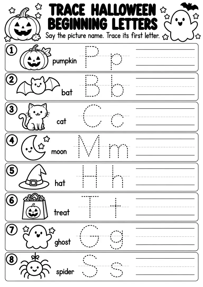 Trace Halloween Beginning Letters for Preschool, Kindergarten, 1st Grade