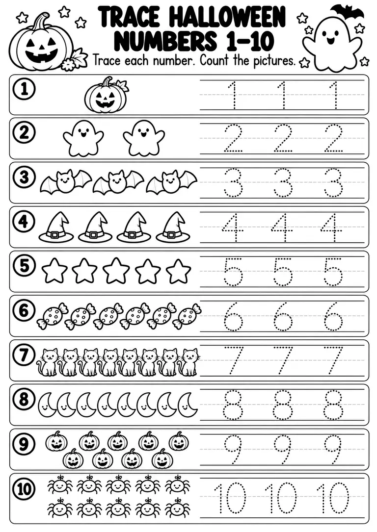 Trace Halloween Numbers 1–10 for Preschool, Kindergarten, 1st Grade