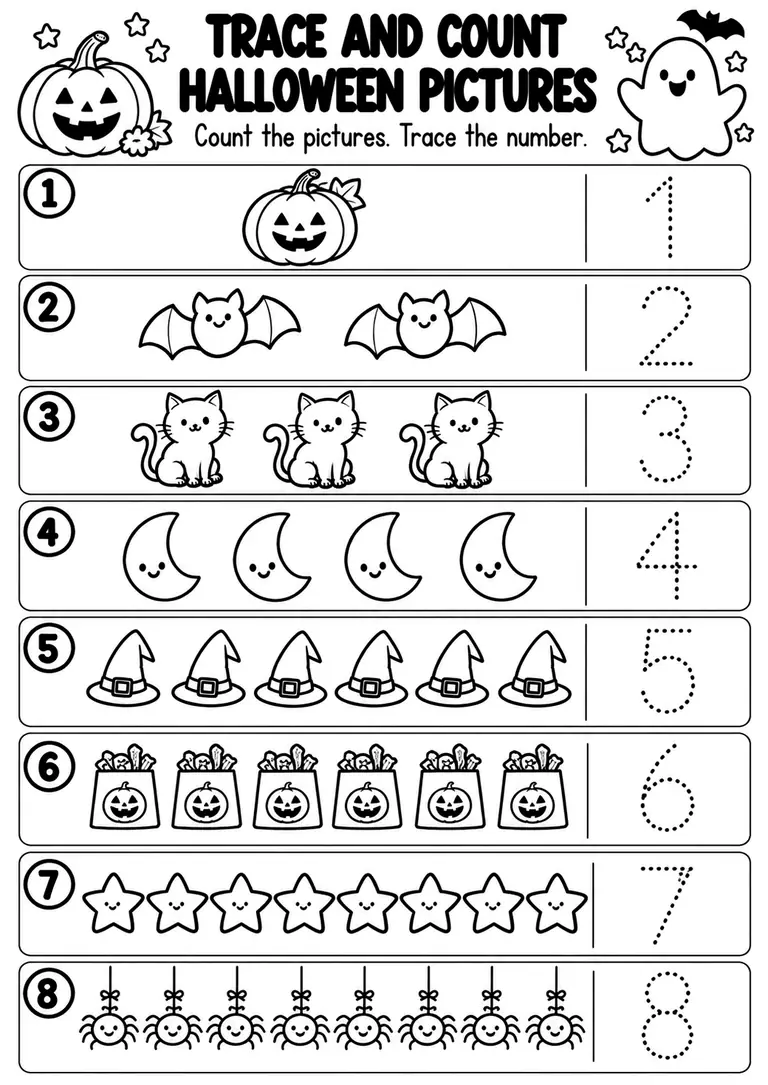 Trace and Count Halloween Pictures for Preschool, Kindergarten, 1st Grade