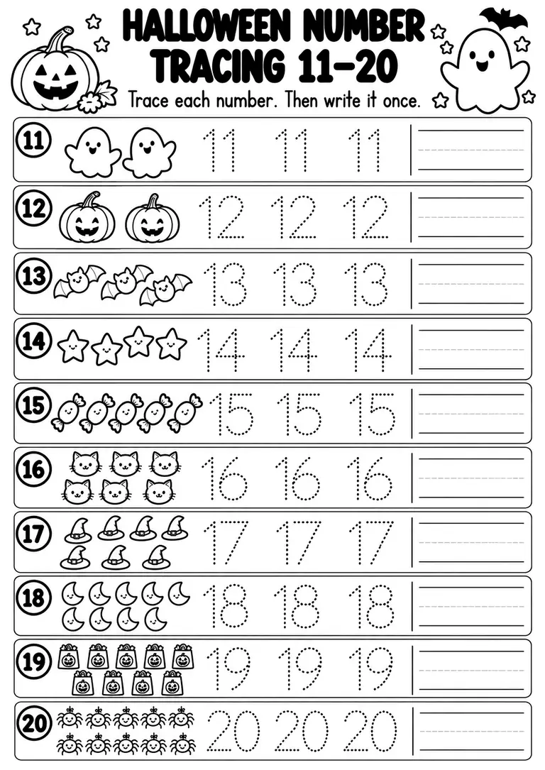 Halloween Number Tracing 11–20 for Preschool, Kindergarten, 1st Grade