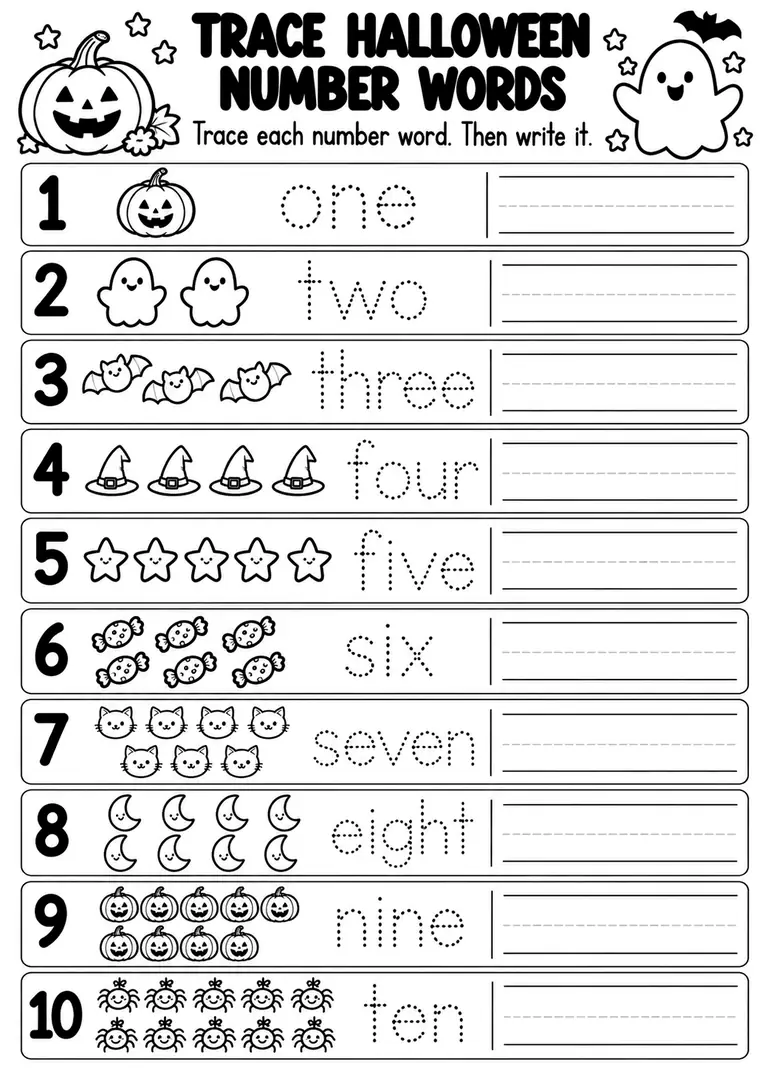 Trace Halloween Number Words for Preschool, Kindergarten, 1st Grade