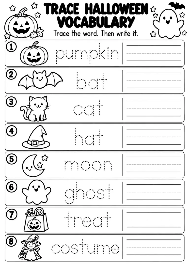 Trace Halloween Vocabulary for Preschool, Kindergarten, 1st Grade
