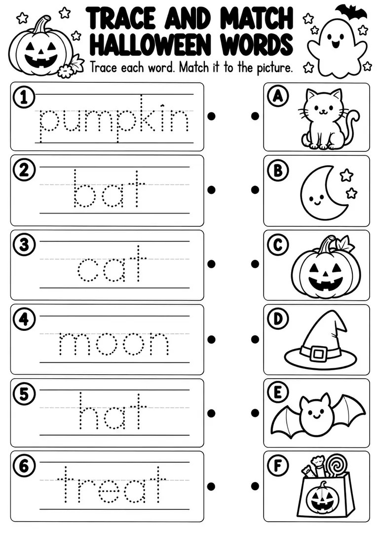 Trace and Match Halloween Words for Preschool, Kindergarten, 1st Grade