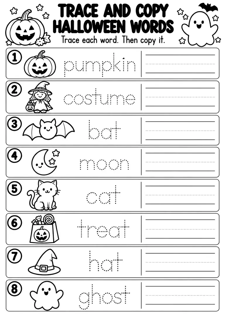 Trace and Copy Halloween Words for Preschool, Kindergarten, 1st Grade